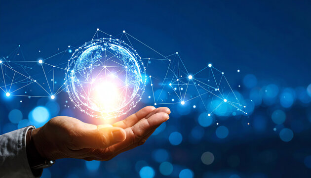 A hand holds a glowing digital globe, symbolizing technology, connectivity, and innovation against a blurred blue background