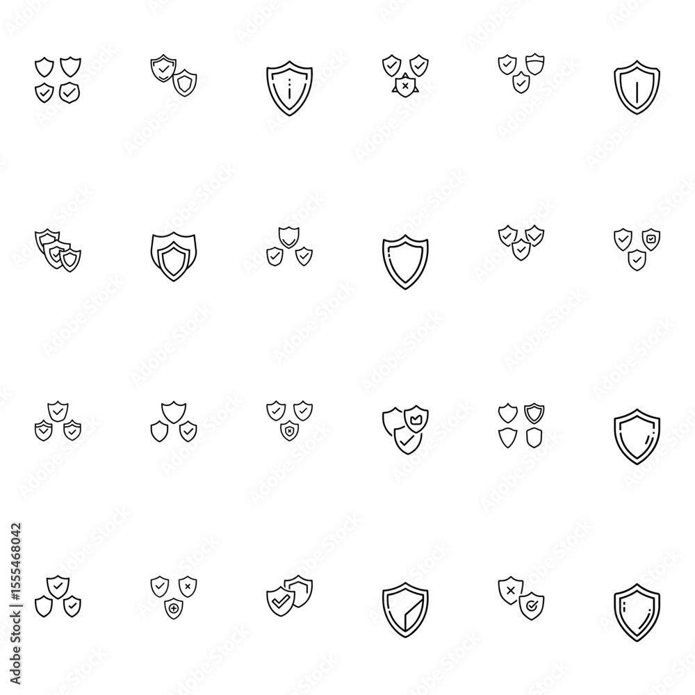 Poster collection of various shield icons with checkmarks, crosses, and information symbols in a grid layou