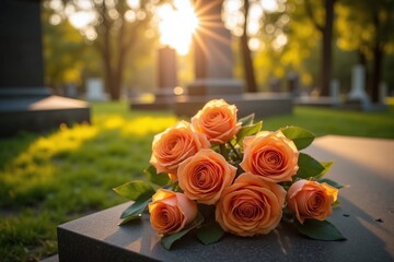 bunch of yellow flowers sitting on top of a grave