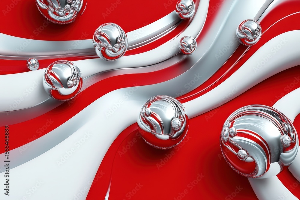 Poster abstract design with reflective spheres and flowing lines.