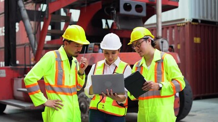 group of Diversity Engineers japan Foremen and asian Supervisors woman Excited celebrates project success handshake and high-five together in Shipping Cargo Container Terminal Depot teamwork - Powered by Adobe