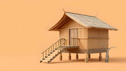 Traditional bamboo hut with thatched roof and wooden stairs