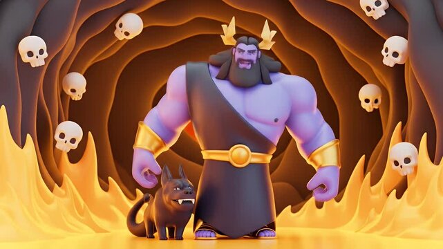Cartoon Hades with Dog in Fiery Cave with Skulls 3D Render Animation featuring Warm Lighting and Hell Concept