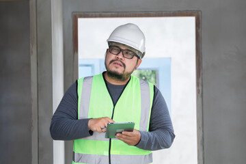 Young overweight foreman engineering worker male attention looking to blueprint in modern...
