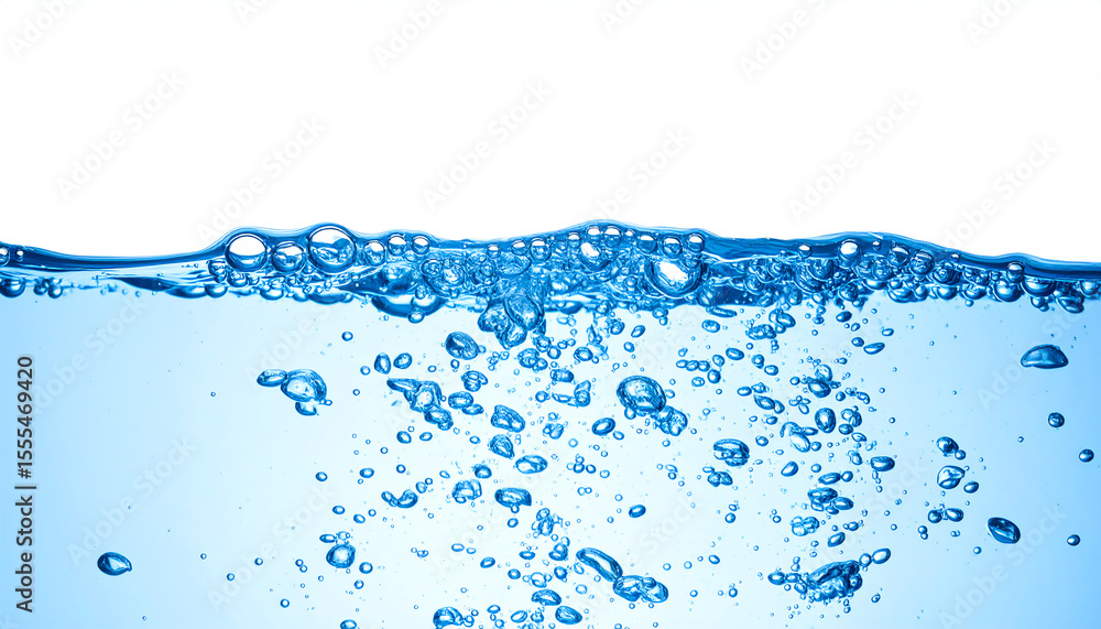 Poster clear water with bubbles rising to the surface, creating an engaging visual effect against a white b