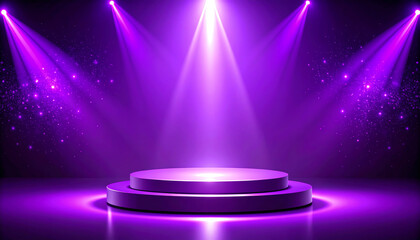A vibrant purple stage with spotlight beams and a sparkling background, perfect for performances or events
