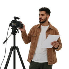 Man holding paper near camera on tripod isolated on a transparent background recording