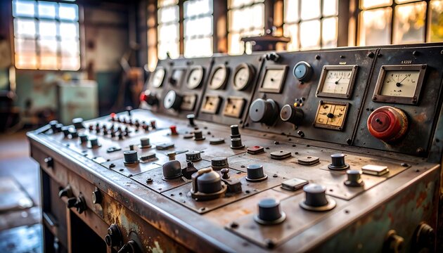 Vintage Industrial Control Panel  Old Machinery Workshop with Rusty Equipment Close Up. - Powered by Adobe