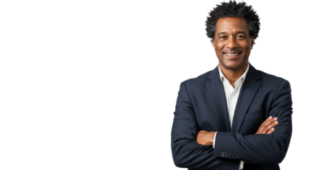 Business man portrait isolated on white transparent background, Afro businessman in suit, crossed arms, PNG Confident Man Smiling Wearing Suit with Arms Crossed Posing