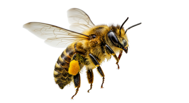 a stunning bee is flying, isolated on transparent background, macro, incredible pollinator, generative AI. Bee Flying with Pollen Close-up on White Background