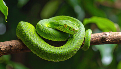 Fototapeta premium A vibrant green snake rests on a branch, showcasing its smooth scales and captivating eyes against a lush, green background