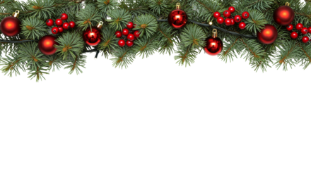Christmas Garland Border with Ornaments and Berries on White. Christmas decoration transparent background
