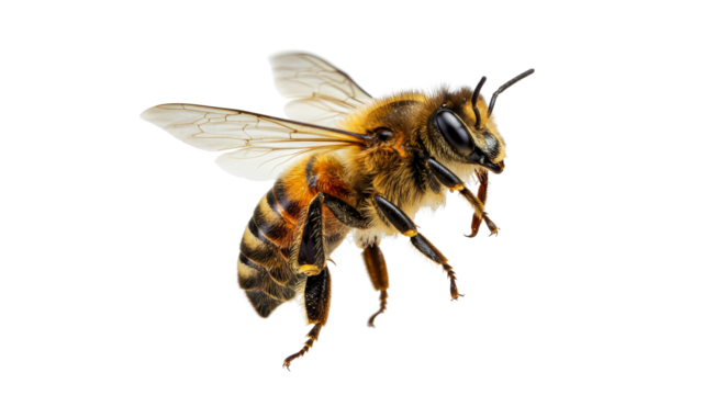 a stunning bee is flying, isolated on transparent background, macro, incredible pollinator, generative AI. Bee Flying on White Background Close-up