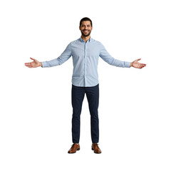 Smiling man with arms outstretched wearing blue shirt and dark trousers isolated on a transparent background