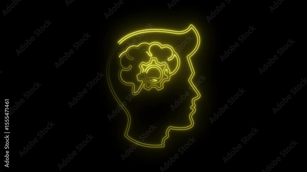 Poster neon brain cog silhouette animation symbolizing artificial intelligence and thinking process on dark