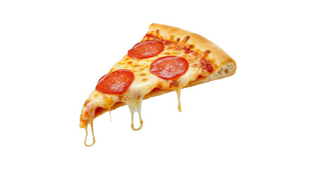 Template with delicious tasty slice of pepperoni pizza flying on white background. Generative AI. Slice of Pepperoni Pizza with Melting Cheese
