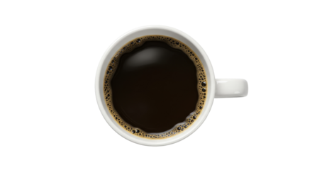 Top view of isolated mug with hot black coffee with foam on transparent cutout PNG background. generative AI