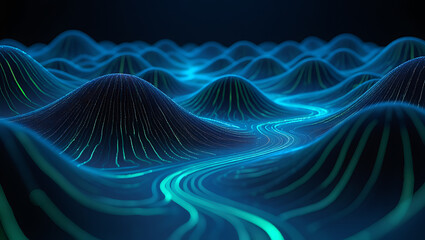 Naklejka premium Abstract blue and green wavy lines forming a digital landscape with glowing particles: Bio-Signal Landscape