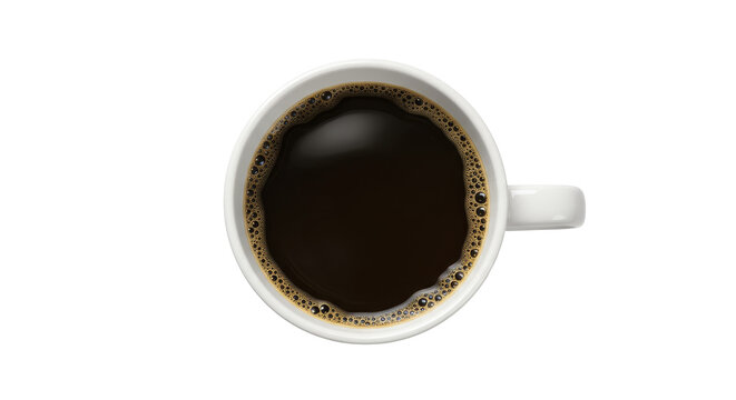 Top view of isolated mug with hot black coffee with foam on transparent cutout PNG background. generative AI