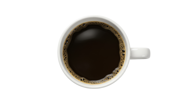 Top view of isolated mug with hot black coffee with foam on transparent cutout PNG background. generative AI