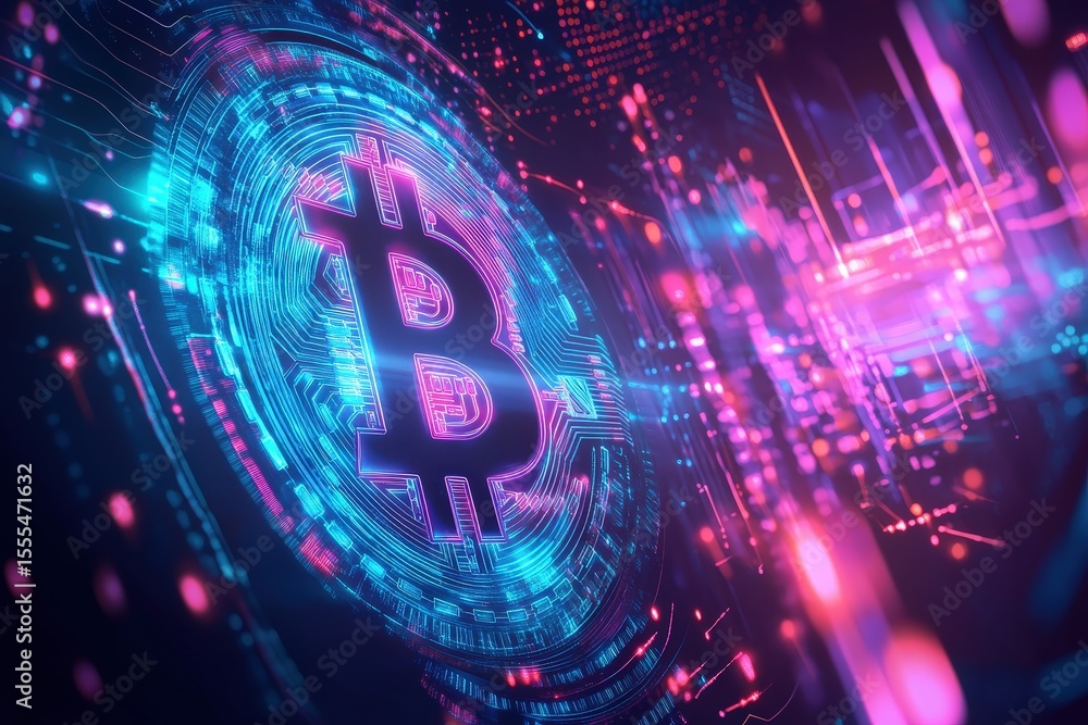 Aufkleber digital bitcoin symbol displayed on a complex network.