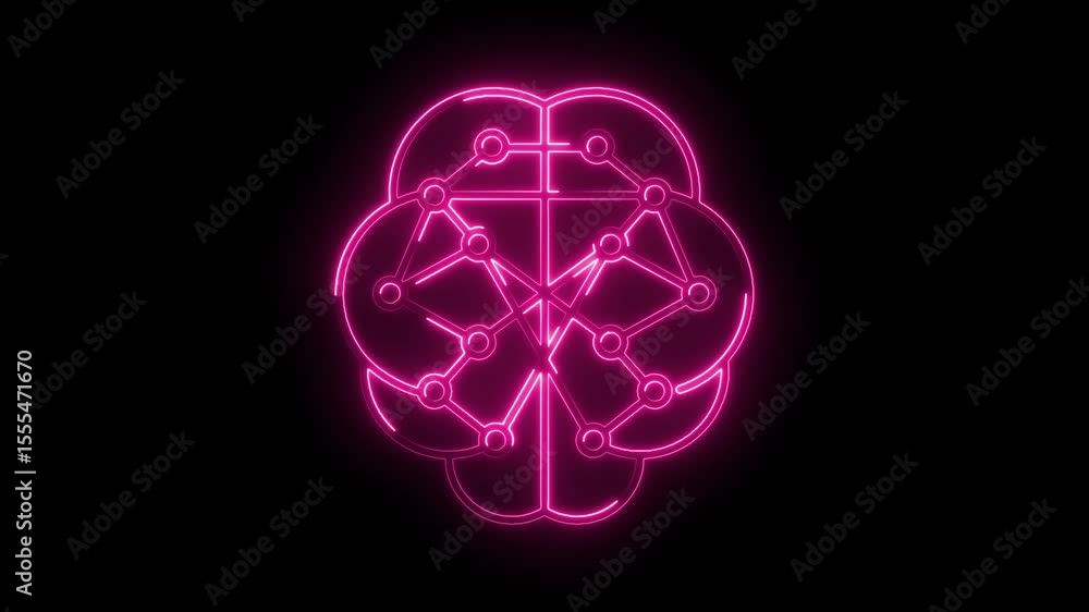 Poster neon pink brain connection animation on black background artificial intelligence concept render