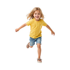 Young girl running with blonde hair and yellow shirt isolated on a transparent background