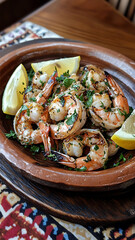 A rustic plate filled with grilled shrimp, seasoned with garlic and herbs, garnished with lemon wedges and fresh parsley, set on a wooden table with a traditional Ukrainian tablecloth.

