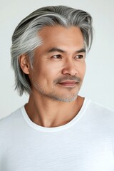 Elegant men's side part haircut - midlife southeast asian man with long hair. Creative of style for aging men. Pure white solid background. A trendy man showcasing a fashionable hairstyle.