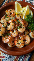 A rustic plate filled with grilled shrimp, seasoned with garlic and herbs, garnished with lemon wedges and fresh parsley, set on a wooden table with a traditional Ukrainian tablecloth.

