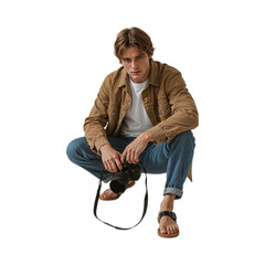 Young man holding camera wearing denim jeans and brown jacket isolated on a transparent background
