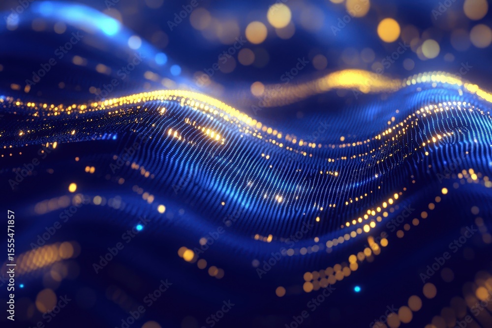 Poster abstract digital wave design with shimmering particles.