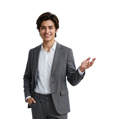 Young man in grey suit and white shirt smiling and gesturing isolated on a transparent background