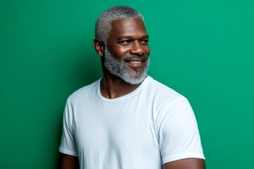 A strong and confident man with an engaging smile. A confident man making a stylish impression. A happy man in a studio photo. A man with expressive eyes and a joyful gaze.
