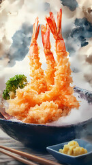 delicious shrimp tempura with charming background, cinematic, professional food, ultra realistic

