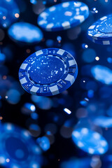 Floating blue poker chips with sparkling details against a blurred dark background, ideal for gaming themes