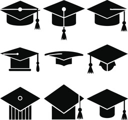 Black Graduation Cap Icons Set in Flat Style
