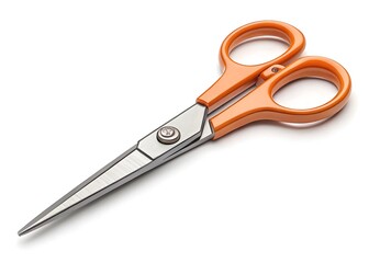 Obraz premium a pair of small, sharp scissors with orange plastic handles and pointed stainless steel blades isolated on white background