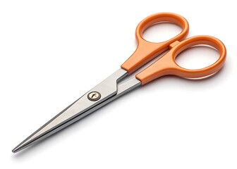 Obraz premium a pair of small, sharp scissors with orange plastic handles and pointed stainless steel blades isolated on white background