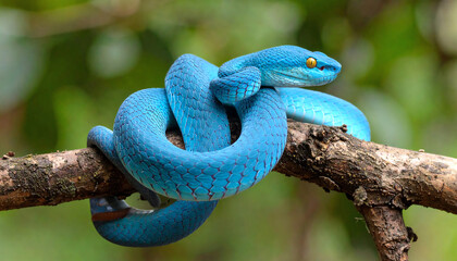 Fototapeta premium A vibrant blue snake rests on a branch, showcasing its striking color against a blurred green background, highlighting its natural habitat