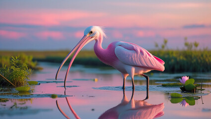 Roseate spoonbill bird wading in water at sunset wildlife nature photography pink bird animal wetland scenery