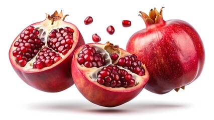 halved pomegranates levitating against isolated on white background