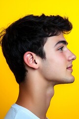 Idea of style for aging men. Yellow solid background. A modern hairstyle complementing a stylish gentleman. Chic men's crew cut haircut - midlife white man with black hair.