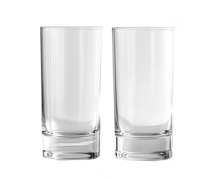 Minimalist two empty clear drinking glasses isolated on transparent background suitable for kitchen decor, bar promotions, and stylish advertising campaigns