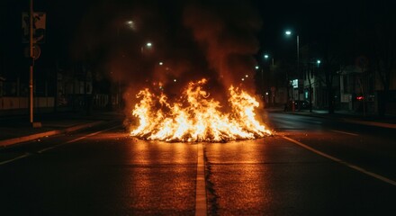 A large fire burns in the middle of a street at night, with smoke rising into the dark sky.