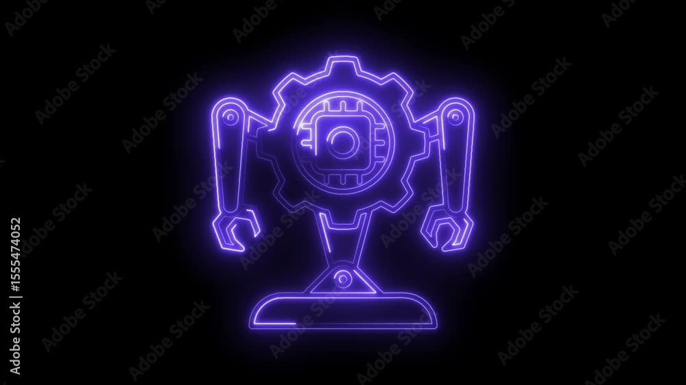 Poster neon robot machine icon animation rotating gear with arms on black background
