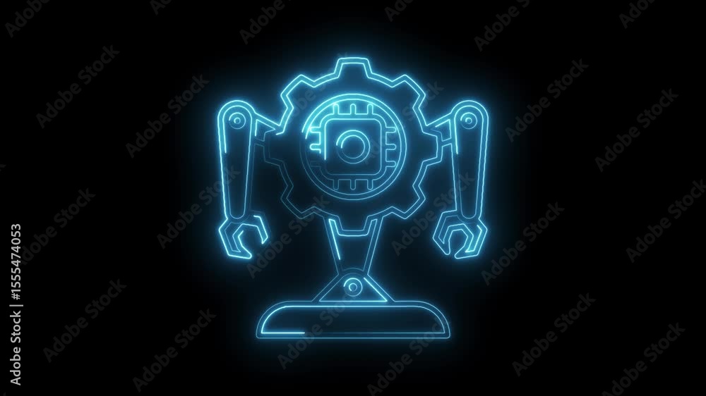 Poster futuristic neon robot with gear and chip rotating on black background animation