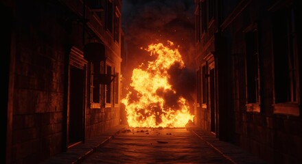 Fiery inferno engulfs a narrow, ancient city street, buildings threatened by intense flames and smoke.