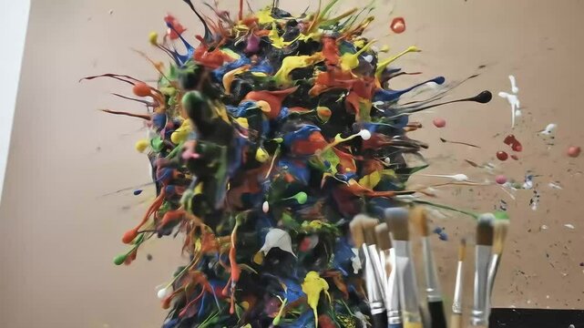 An explosive splash of colorful paint creates a dynamic one-eyed monster sculpture in an artist's studio