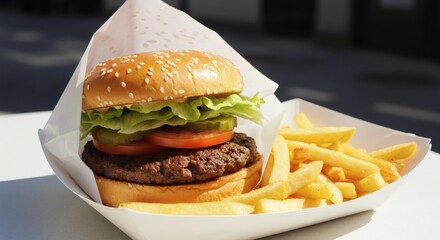 A delicious burger with fries, presented in a paper container, ready to eat.